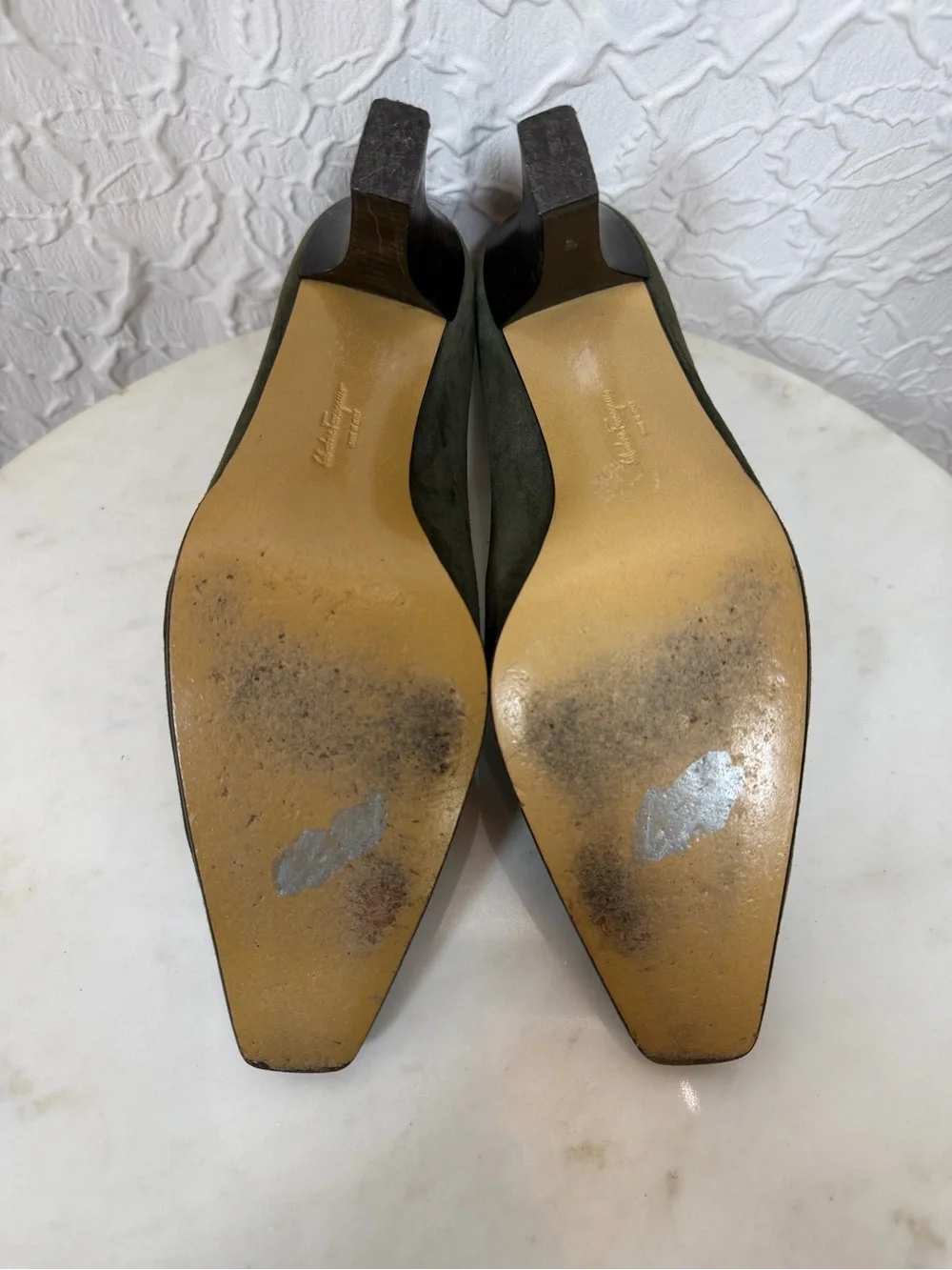Salvatore Ferragamo Vintage 90’s Olive Green Suede Square Heel Loafers Sz 8.5
